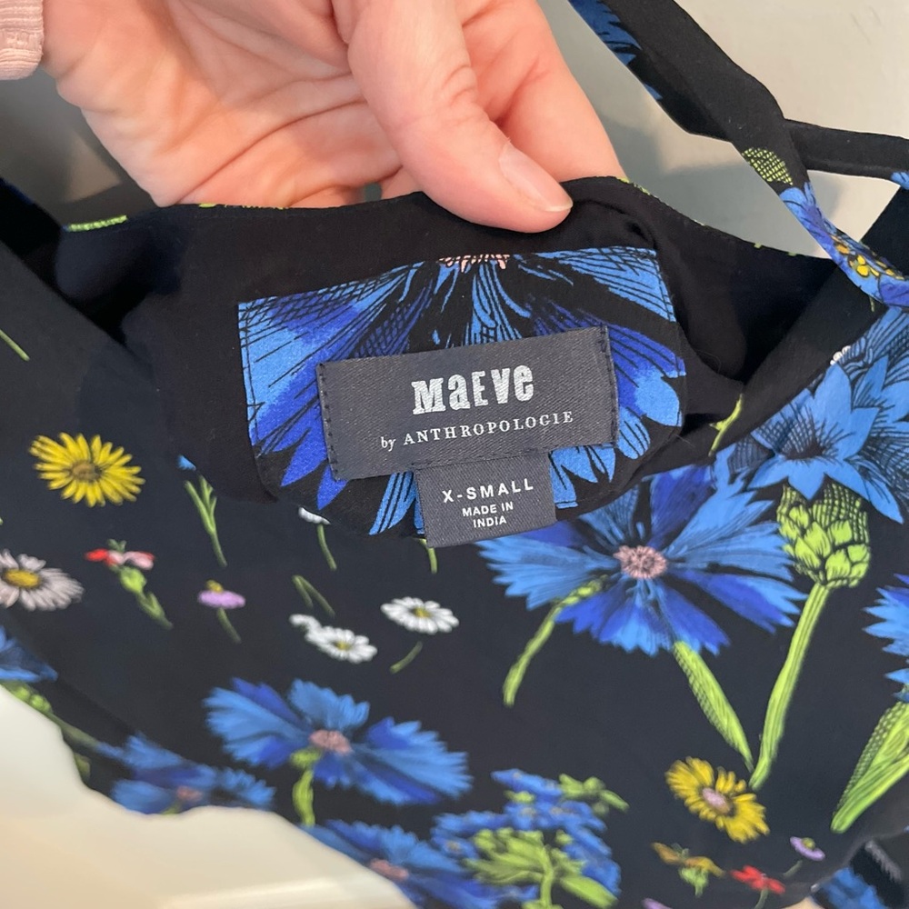 Anthro Maeve Black Floral Shift Dress Blue Yellow Mini 3/4 Sleeve - Picture 2 of 5